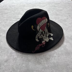 Vintage Ed Hardy Love Kills Slowly Black Graphic Fedora Hat